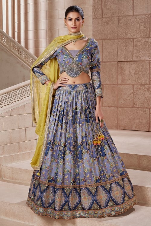 Light Blue Chinon Georgette Floral Printed Flared Lehenga