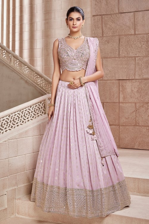 Light Pink Foil Printed Moroccan Jaal Lehenga with Applique Border in Chinon Georgette
