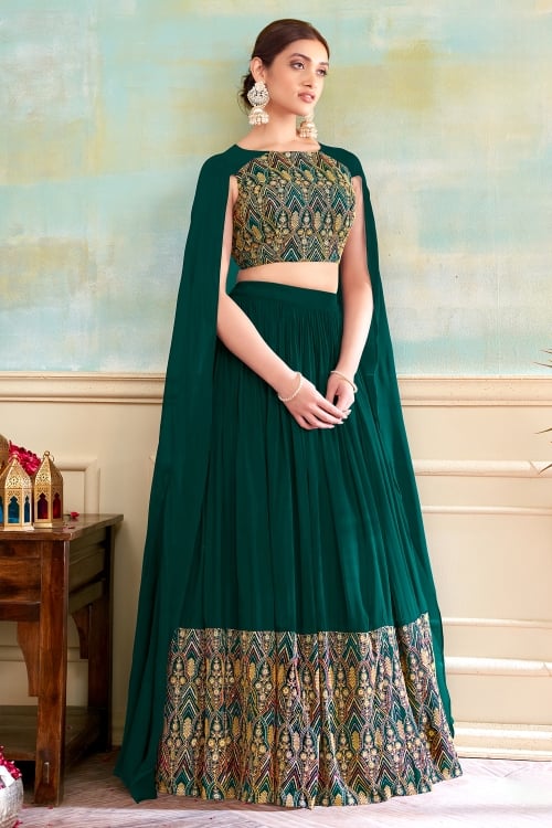 Green Georgette Flared Lehenga and Cape Style Blouse with Thread Embroidery