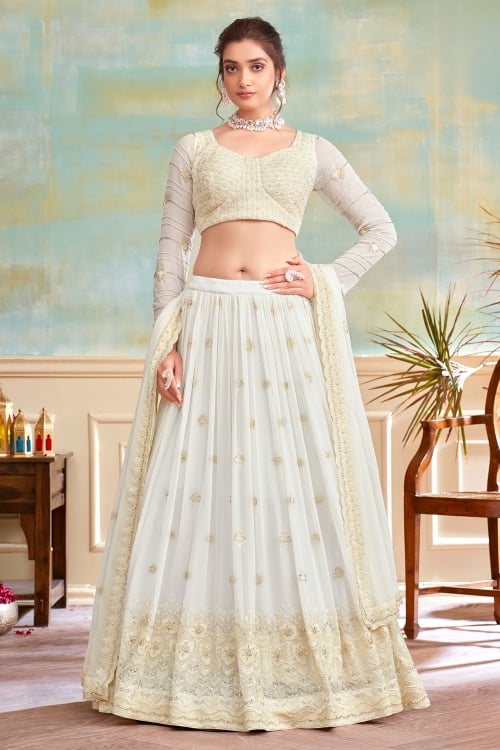 Pearl White Georgette Flared Lehenga with Embroidery and Sequin Cutdana Work