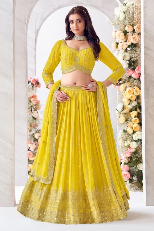 Lime Yellow Georgette Flared Sequin Embroidery Lehenga