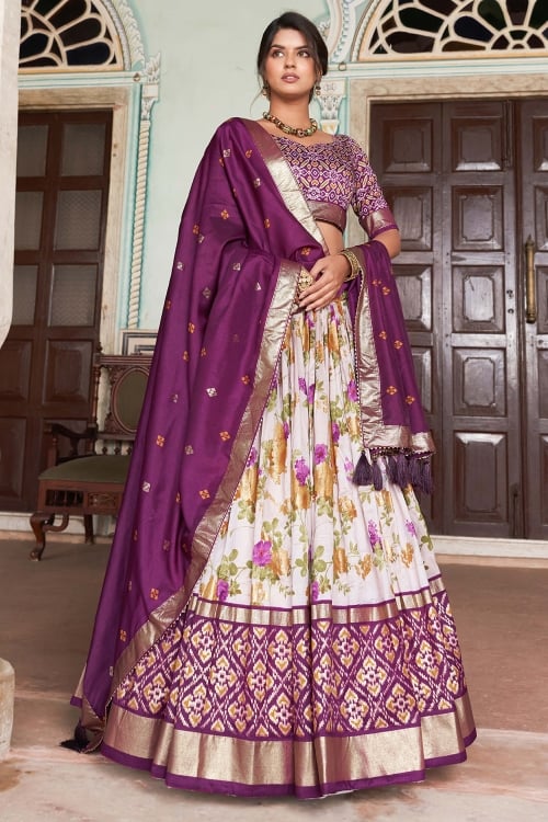 Purple Tussar Silk Floral and Ikkat Printed Flared Lehenga