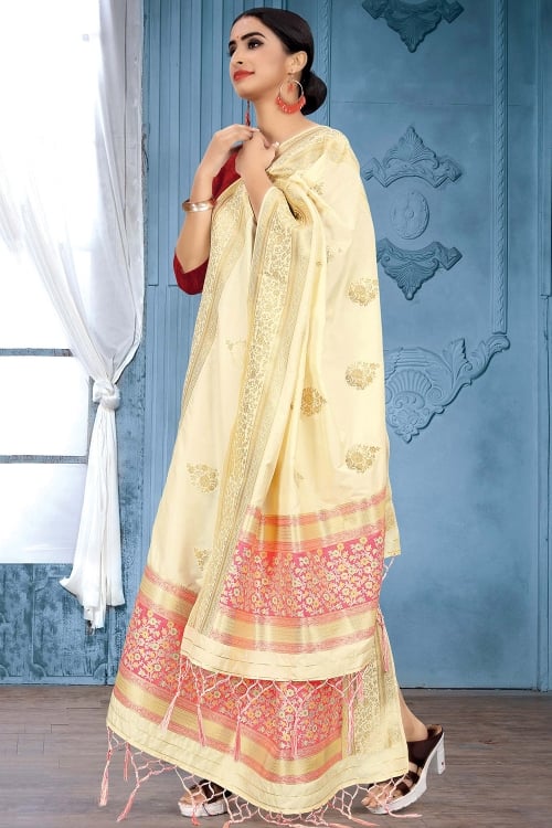 Cream Banarasi Silk Floral Woven Dupatta