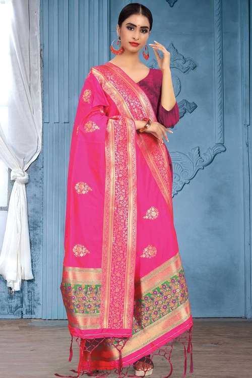 Magenta Pink Banarasi Silk Floral Woven Dupatta