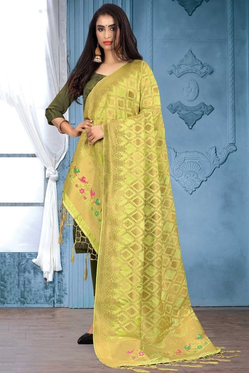 Pista Green Banarasi Silk Woven Dupatta with Golden Highlights
