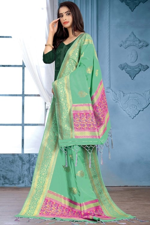 Mint Green Banarasi Silk Floral Woven Dupatta
