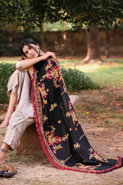 Black Cotton Multi Colored Woolen Thread Embroidered Dupatta with Tassels