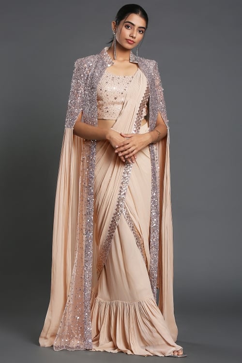 Georgette Fancy Pre Stitched Saree with Sequinned Cape Jacket