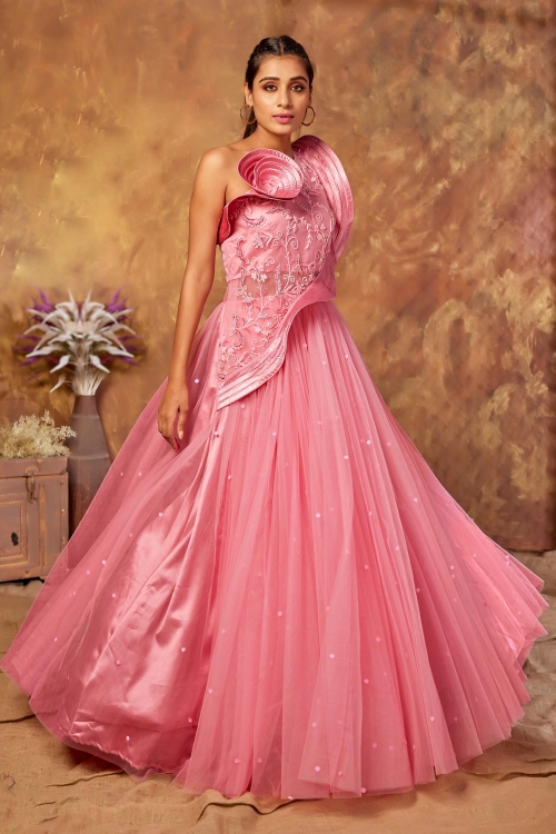 Pink Net Designer Flared Gown