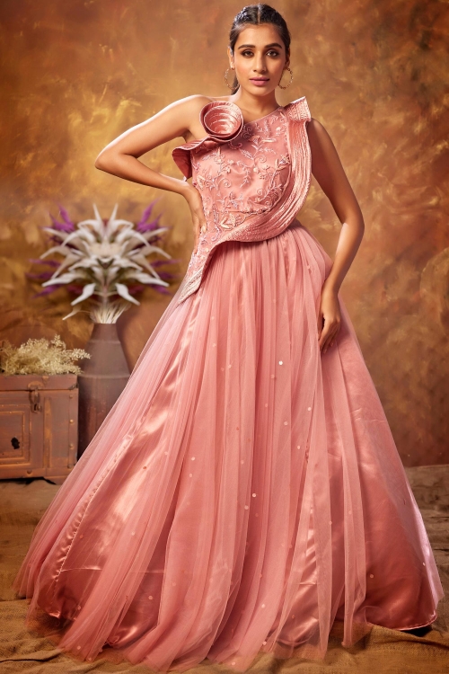 Peach Net Designer Handworked Gown