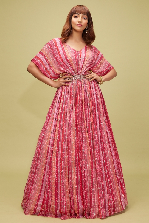 Pink Chiffon Georgette Bandhej Printed Gown
