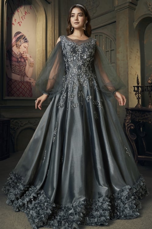 Grey Organza Silk Net Sequinned Cold Shoulder Gown with Frill Border