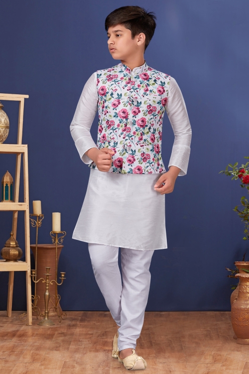 Off White Dupion Silk Plain Kurta Pajama with Floral Printed Jacket