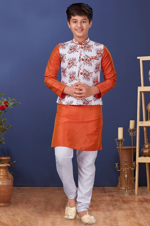 Orange Dupion Silk Plain Kurta Pajama with Floral Printed Jacket