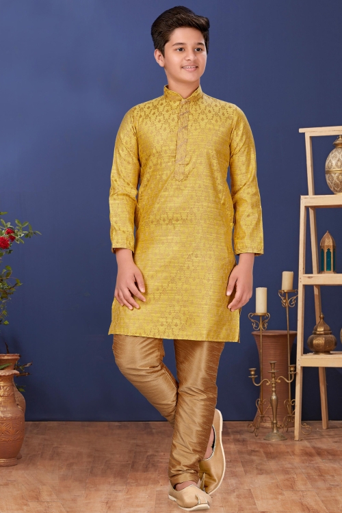 Yellow Jacquard Silk Woven Kurta Pajama