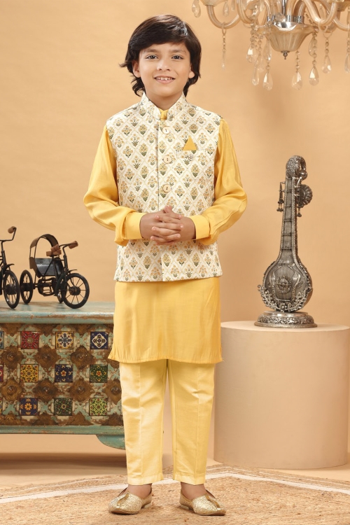Yellow Silk Kurta Pajama with Floral Printed Jacket