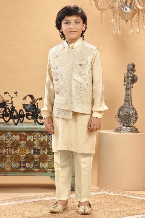 Cream Silk Kurta Pajama with Embroidered Jacket