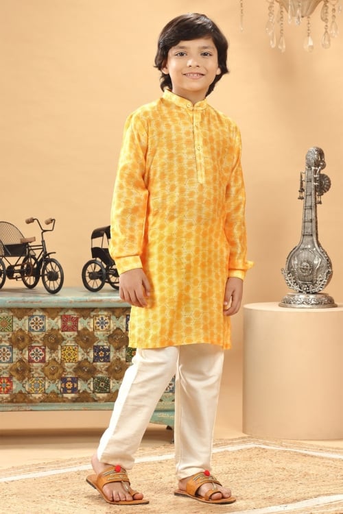 Yellow Silk Printed Kurta Pajama