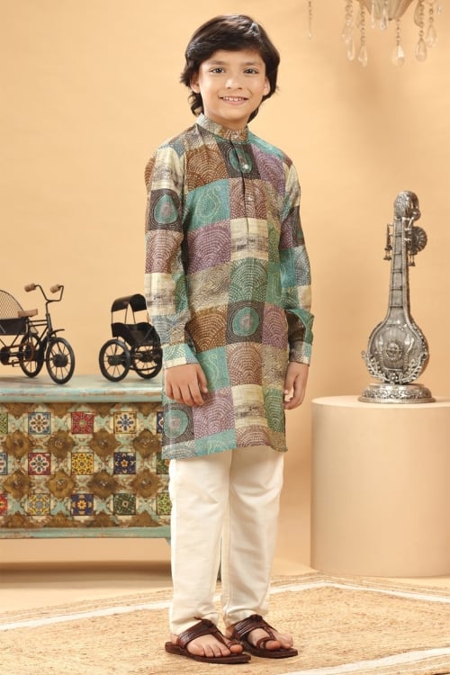 Multi Colored Silk Printed Kurta Pajama