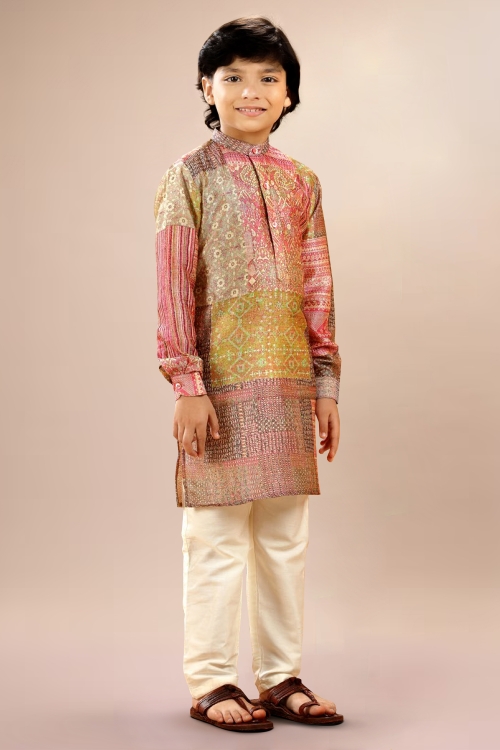 Multi Colored Silk Printed Kurta Pajama