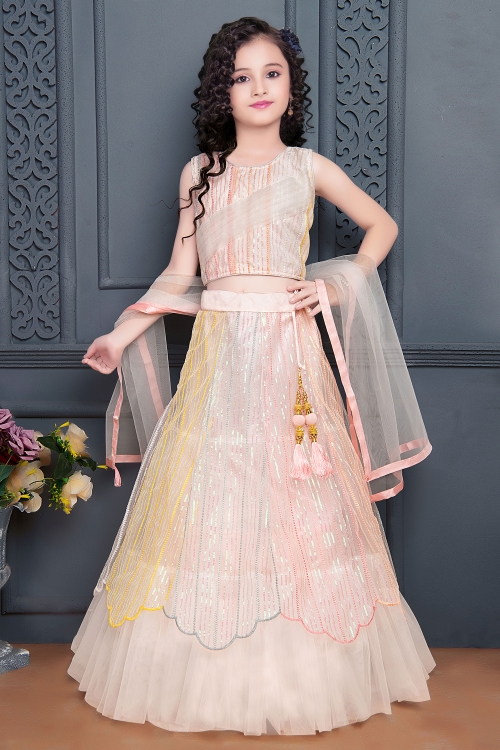 Light Pink Layered Lehenga in Net with Sequins Embroidery