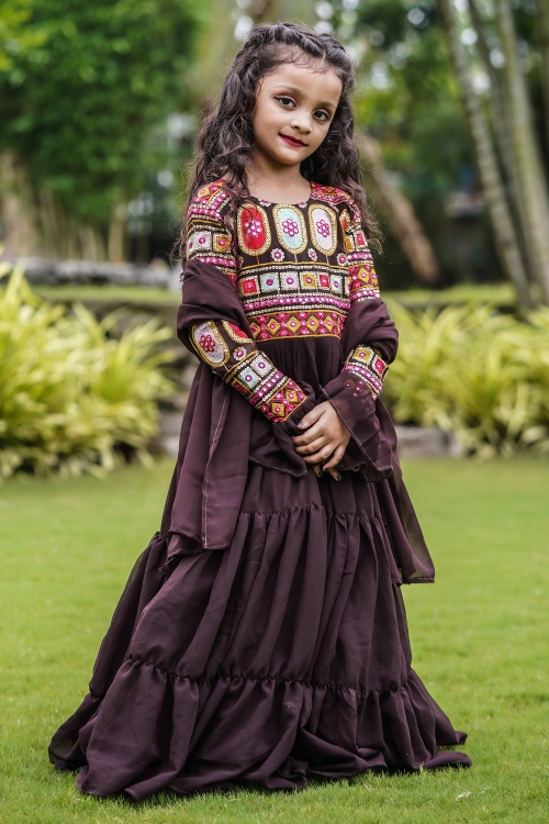 Dark Brown Anarkali Suit in Georgette with Applique Embroidery