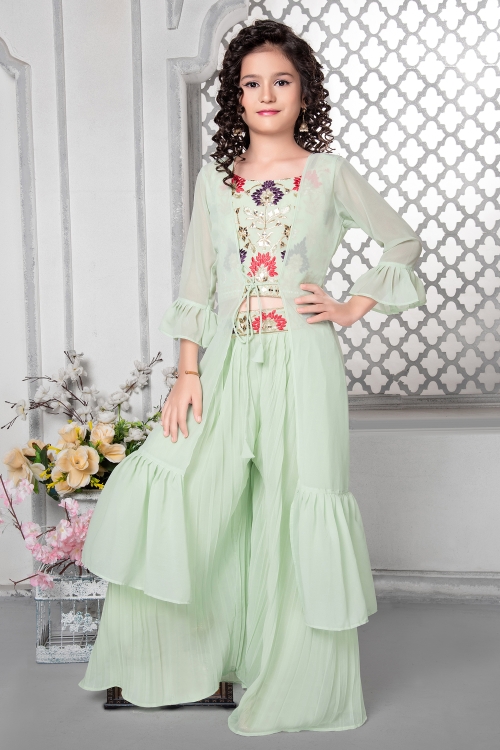 Light Green Embroidered Crop Top Palazzo Suit with Jacket