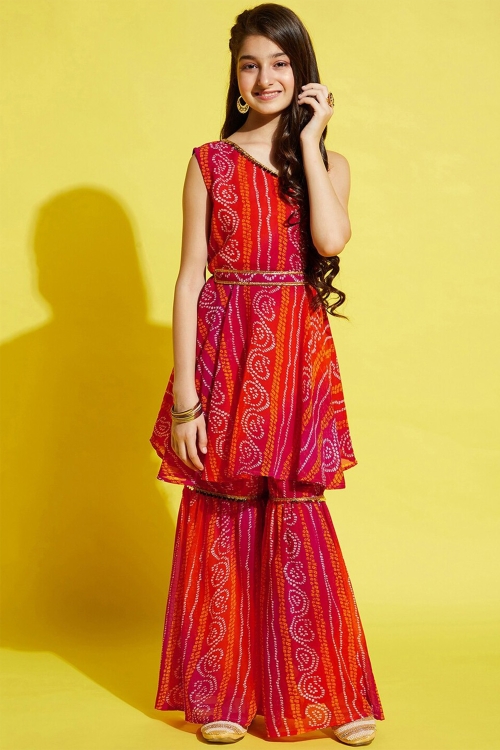 Red and Orange One Side Off Shoulder Sharara Suit in Georgette with Bandhej Print