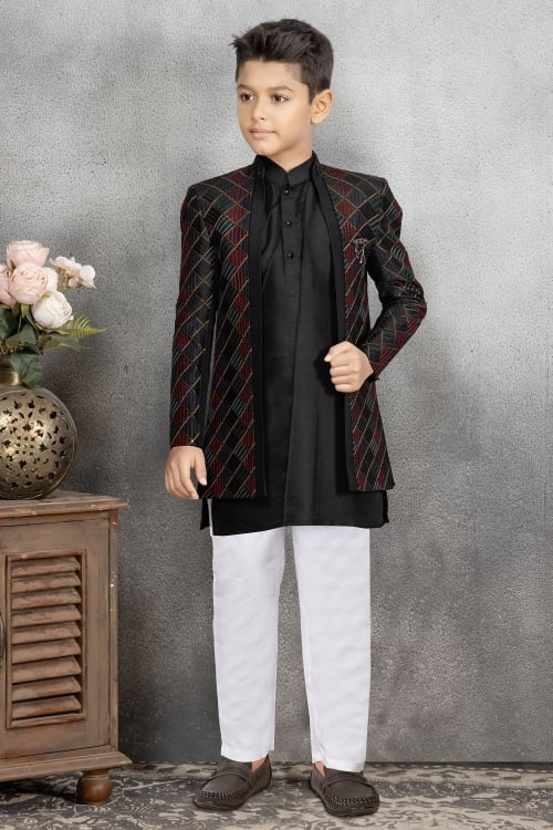 Black Silk Kurta Pajama with Embroidered Jacket