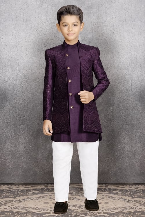 Purple Imported Embroidered Indo Western Jacket Set