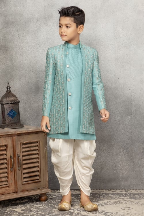 Mint Blue Imported Indo Western Jacket Dhoti Set