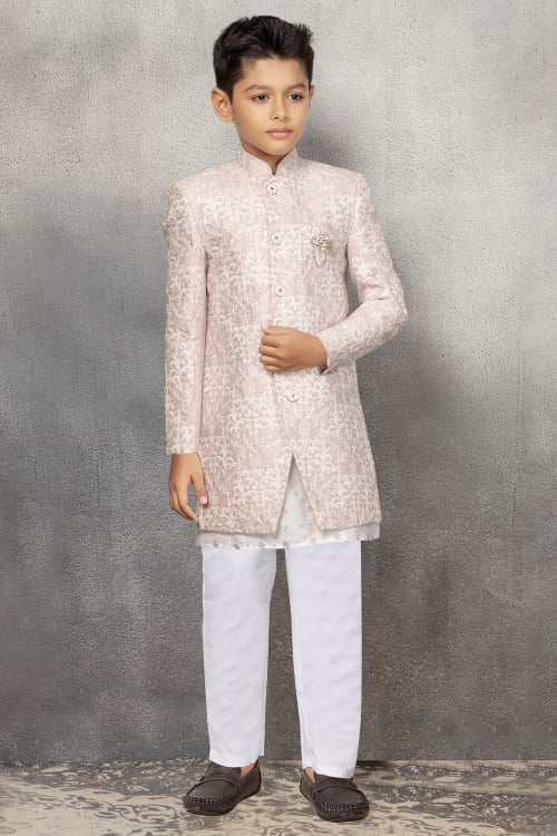 White and Light Pink Silk Kurta Pajama with Embroidered Jacket