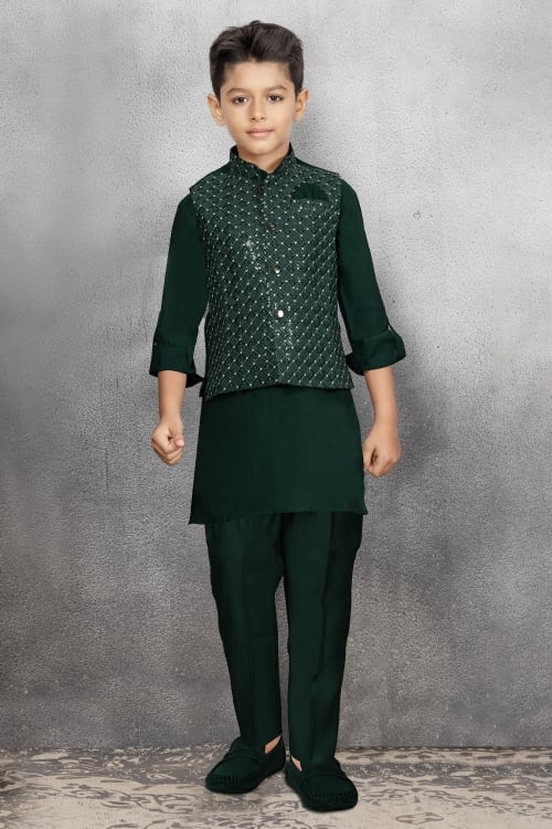 Dark Green Silk Kurta Pajama with Sequin Embroidery Jacket
