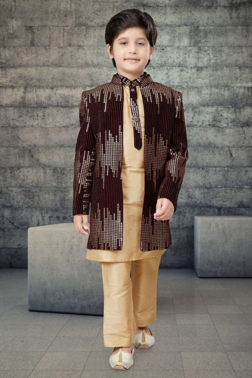 Beige Art Silk Kurta Pajama with Sequinned Jacket