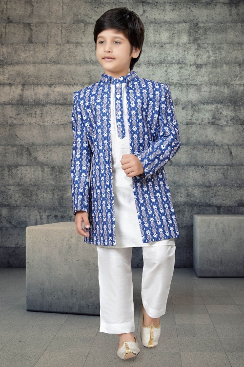 Off White Art Silk Kurta Pajama with Jacket