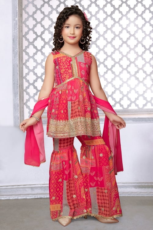 Pink Georgette Printed Peplum Style Sharara Suit with Zari Embroidery