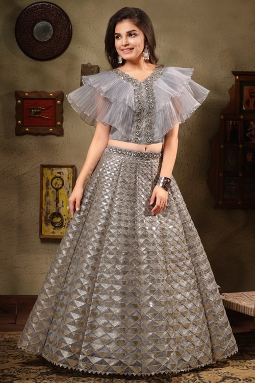 Grey Organza Fancy Crop Top and Embroidered Lehenga