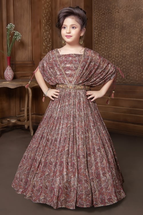 Grey and Maroon Georgette Printed Fancy Gown with Sequins Work