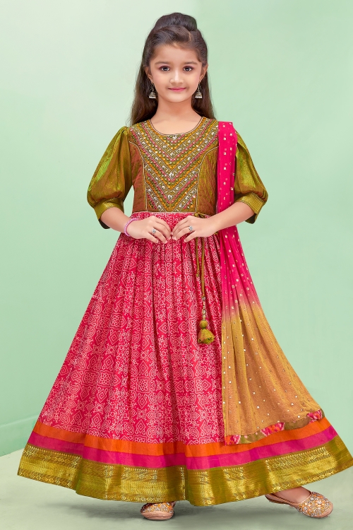 Olive Green and Pink Muslin Anarkali Suit with Mirror Embroidery