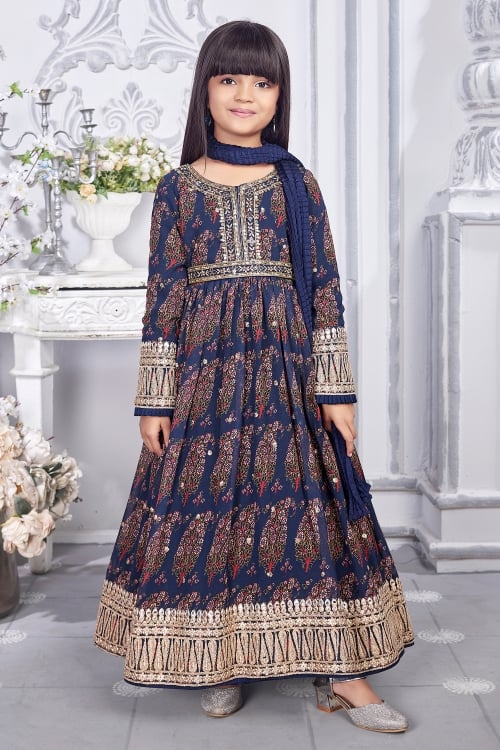 Blue Georgette Paisley Printed Anarkali Suit with Zardosi and Mirror Work Bodice