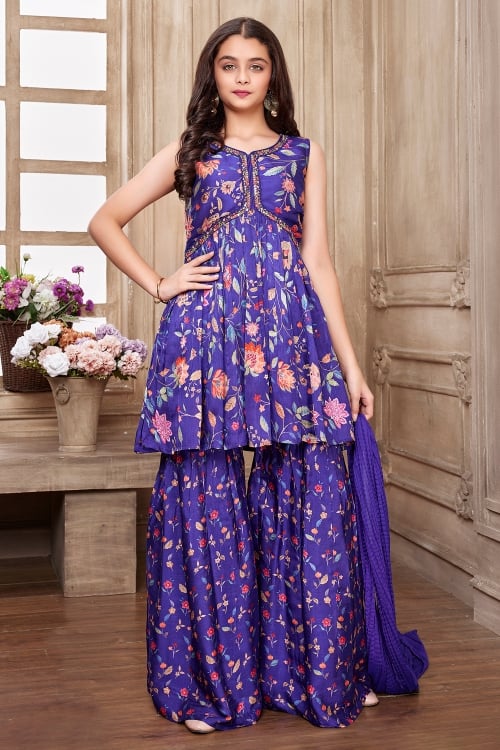 Voilet Purple Floral Pritned Sharara Set in Chinon
