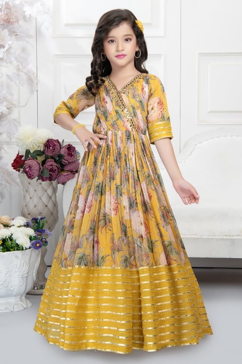 Yellow Georgette Floral Printed Anarkali Gown with Mirror Work on Neckline