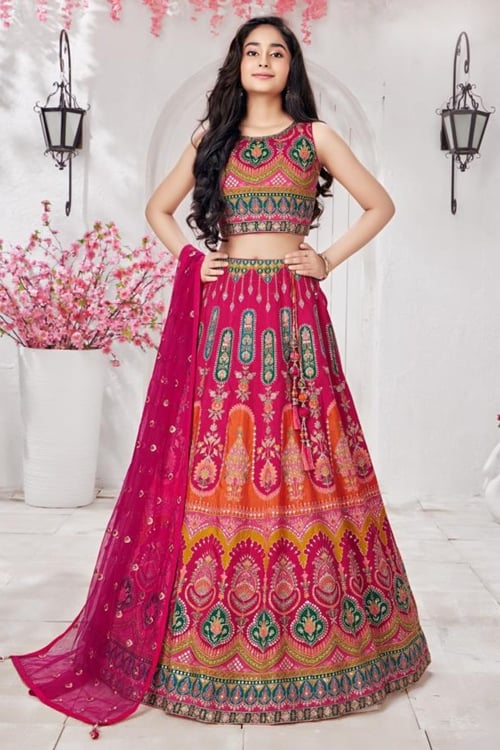 Pink Chinon Printed Lehenga with Sequin Embroidery