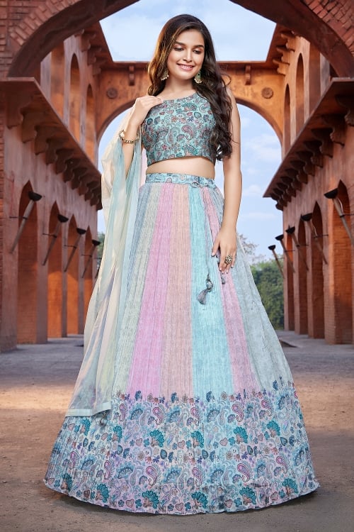 Multi Colored Chinon Crush Lehenga with Floral and Paisley Print
