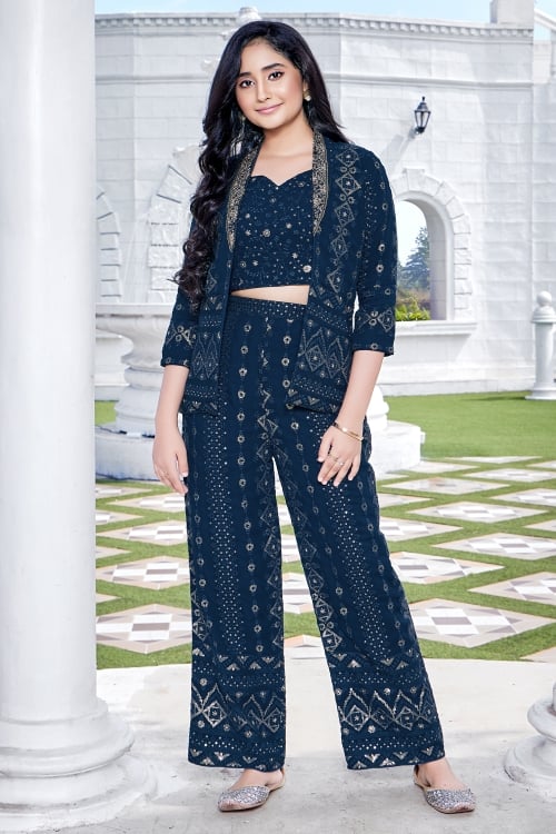 Rama Blue Georgette Sequin Embroidered Crop Top Pant and Jacket