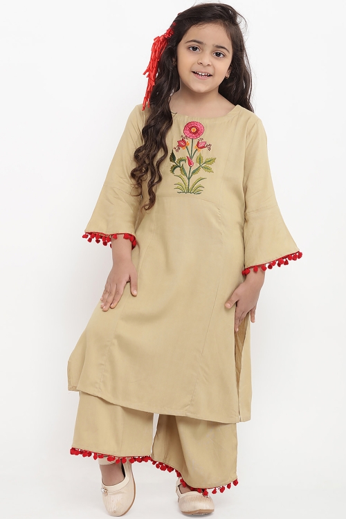 Beige Cotton Rayon Embroidered Bell Sleeves Palazzo Suit with Pom Pom