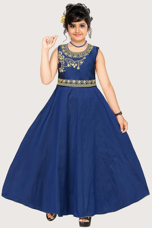 Navy Blue Taffeta Silk Embroiderd Anarkali Gown