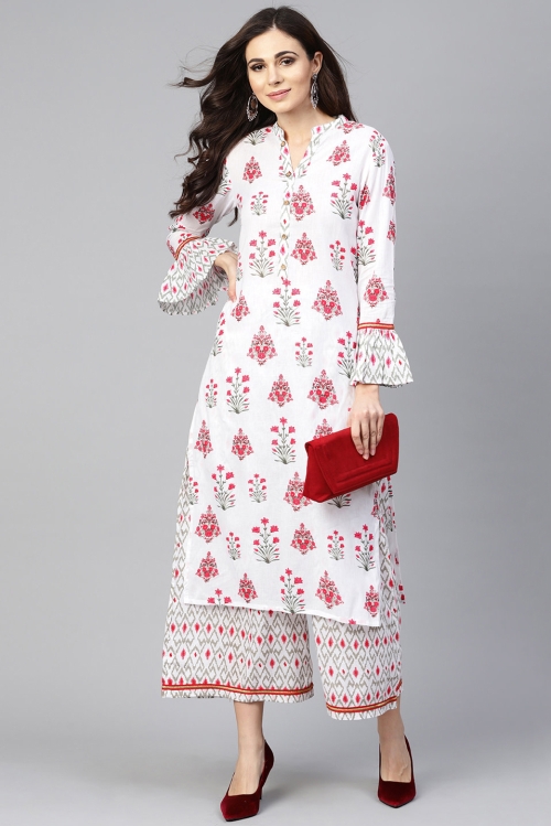 Off White Cotton Printed Straight Cut Kurti with Palazzo and Bell Sleeves