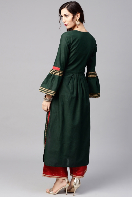 Bottle Green Cotton Straight Cut Kurti with Bell Sleeves