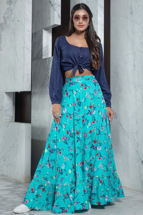 Blue Rayon Puff Sleeved Fancy Crop Top with Floral Printed Skirt